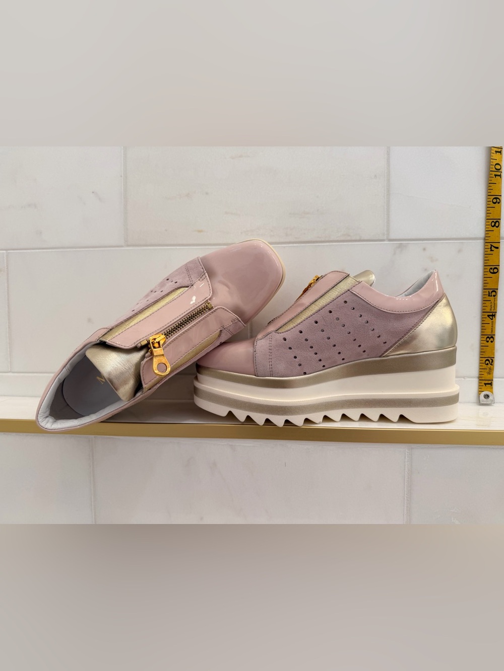 Wedge Platform Slip-On Sneakers in Dusty Pink and Metallic Gold
